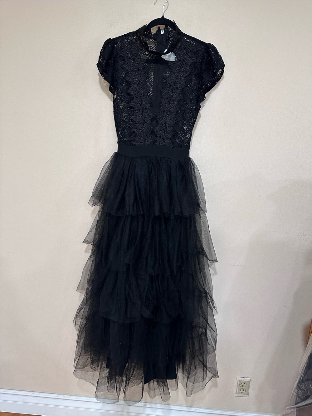 Fashion, nova Black Lace & Tiered Tulle Maxi Dress with pants under. Size S. NWT